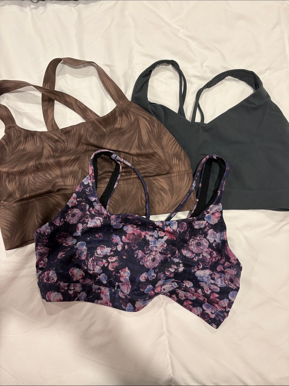 Athleta Floral Navy, Chocolate Brown & Charcoal Sports Bra Set